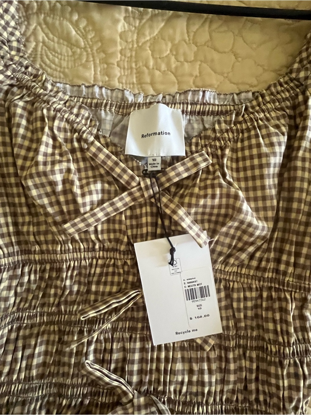 Reformation Brown Gingham Smocked Peplum Top View 2